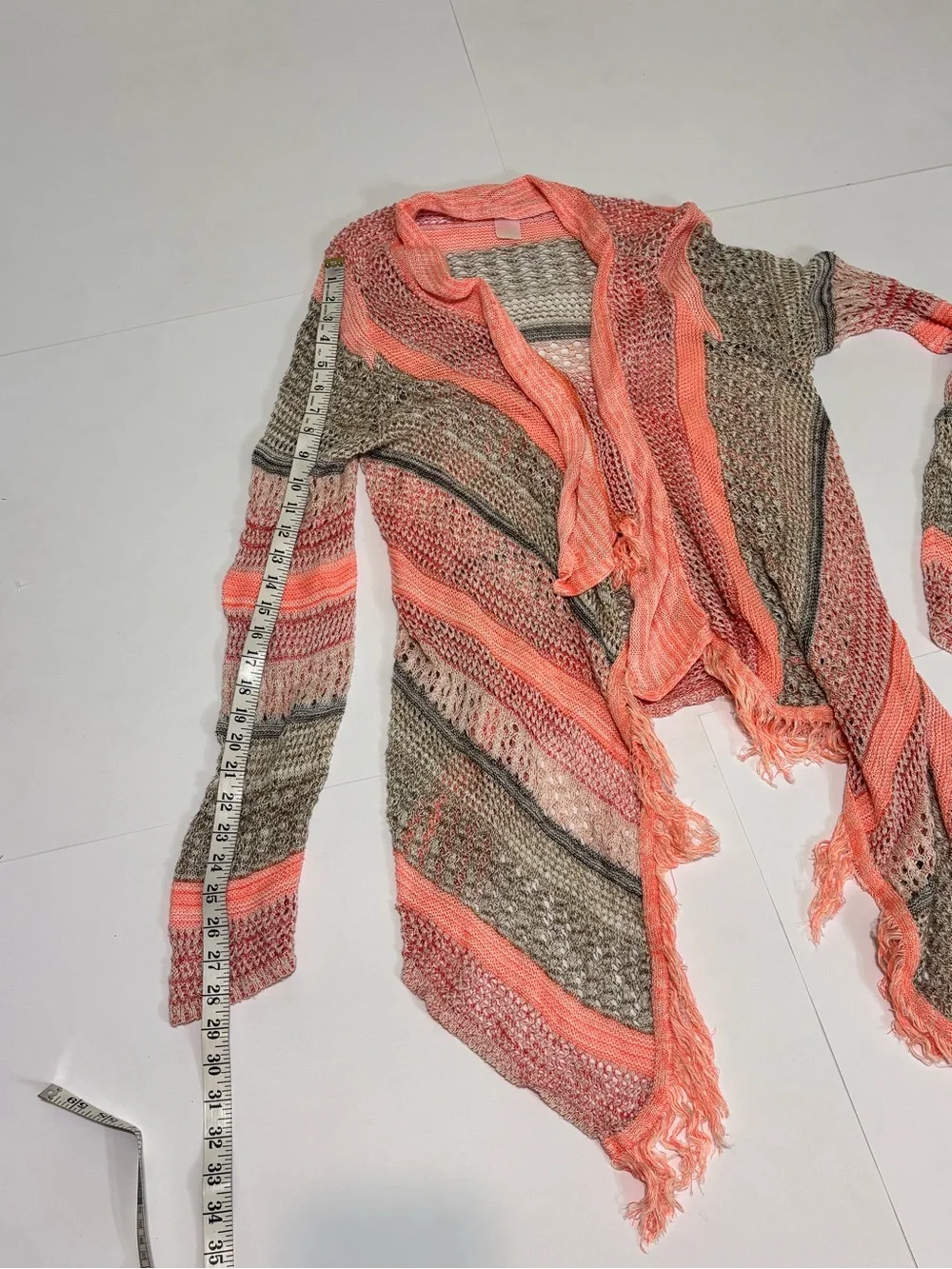 Maurices Women’s Striped Open-Front Fringe Cardigan Sweater - Coral & Tan